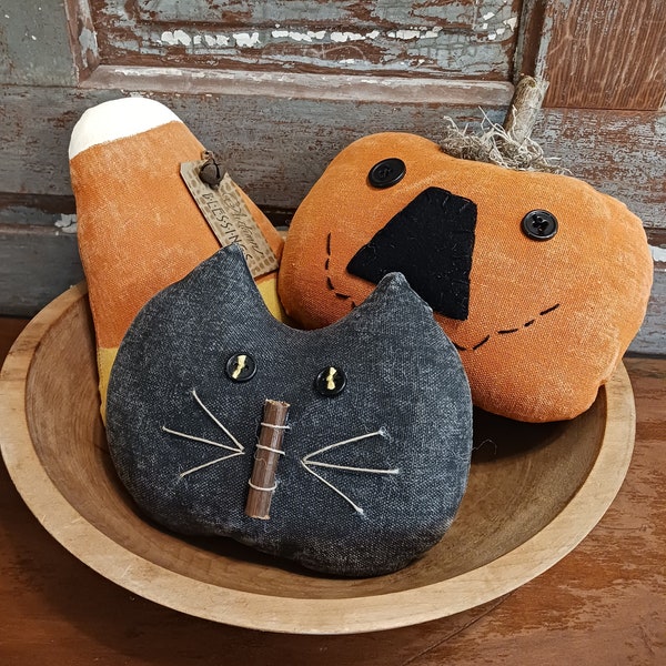 Primitive Fall Autumn Halloween Bowl Filler Ornies CAT Pumpkin JACK and Candy CORN