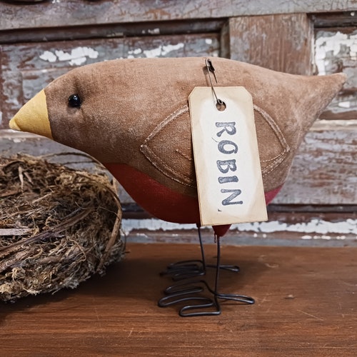 Pájaro petirrojo primitivo gordo pequeño, arte popular de verano, Ornie Tuck independiente