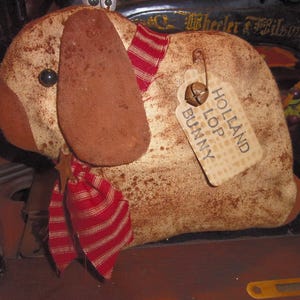 Primitive Grungy Holland Lop Bunny with Red Homespun Tie & Rusty Bell