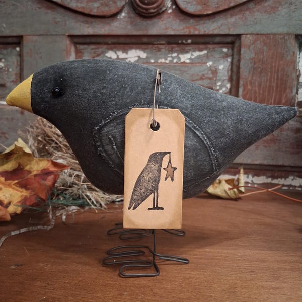 Primitive Fat Lil CROW Bird for Summer Rustic Folk Art Free Standing Ornie