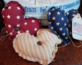 Primitive Red White Blue Americana Homespun 4th of July Independence Day Raggedy Hearts Bowl Filler Ornies