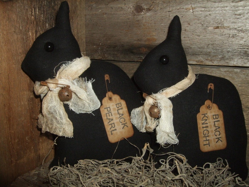 Primitive Black Netherland Dwarf Rabbit Bunny PAIR folk art rustic Tucks Ornies Bowl Fillers image 1