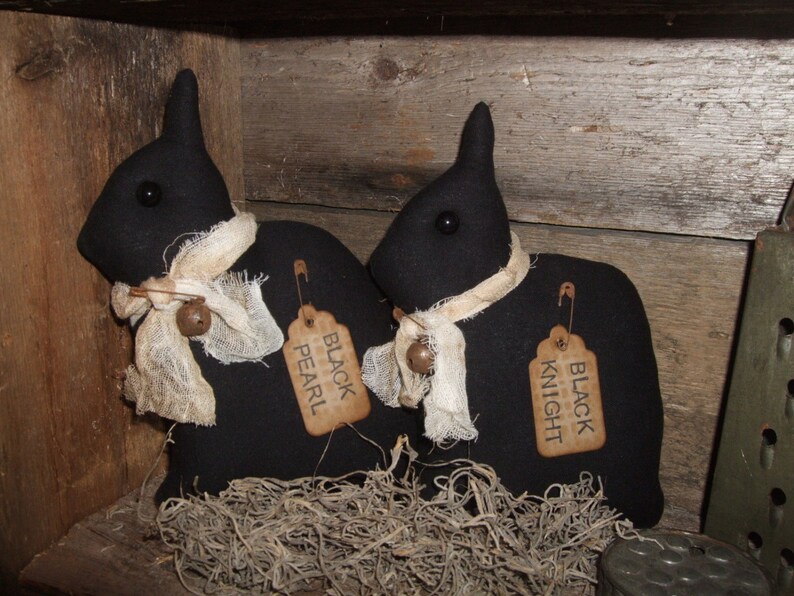 Primitive Black Netherland Dwarf Rabbit Bunny PAIR folk art rustic Tucks Ornies Bowl Fillers image 2