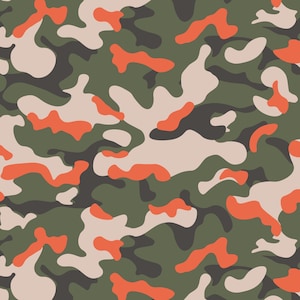 Può includere: Motivo mimetico senza cuciture nei toni del verde, beige, arancione e grigio scuro. Il design presenta forme organiche irregolari, creando un'estetica classica di ispirazione militare. Questo motivo è adatto a varie applicazioni, tra cui tessuti e design digitali.