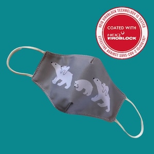 May include: Gray face mask with white polar bear family graphic. The mask has white elastic ear loops and is coated with HeiQ Viroblock technology, effective against SARS-CoV-2 (COVID19).