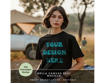 Tshirt Photoshop Mockup / Frauen TShirt Mockup /Schwarzes T Shirt Mockup für Print on Demand /Camping Shirt Mockup /Bella Canvas 3001 /MK079