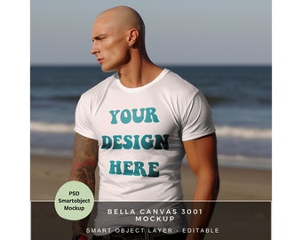 Tshirt Photoshop Mockup / Weißes T Shirt Mockup for Print on Demand / Bella Canvas 3001 / Herren T Shirt Mockup / Tattoos und Glatze / MK007