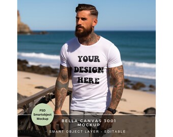 Weißes T Shirt Mockup for Print on Demand /Bella Canvas 3001 /Herren T Shirt Mockup /Tshirt Photoshop Mockup /Mann mit Tattoos & Bart /MK027