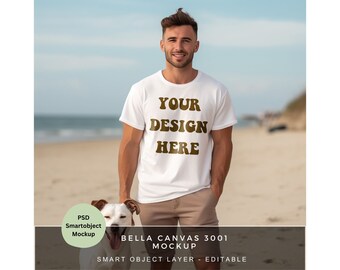 PSD - Bella Canvas 3001 Mockup / Weißes Tshirt Mockup / Mann Strand Hund Mockup / Realistisches T Shirt /  PSD T Shirt Mockup / MK018
