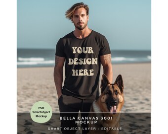 Schwarzes Tshirt Mockup / PSD - Bella Canvas 3001 Mockup / Mann Strand Hund Mockup / Realistisches T Shirt /  PSD T Shirt Mockup / MK017