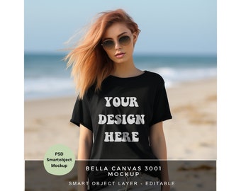 PSD Frauen T Shirt Mockup for Print on Demand / Bella Canvas 3001 / Schwarzes Shirt Mockup / Tshirt Photoshop Mockup mit Smartobject /MK0012