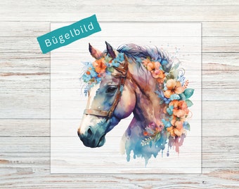 Bügelbild -Pferd mit Blumen Watercolor- Aufbügler für helle und dunkle Stoffe | Applikationen zum Aufbügeln | Bügelmotive für Kinder | BB35