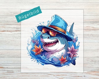 Bügelbild Hai - Watercolor | Bügelbilder für Kinder und Erwachsene | Applikationen zum Aufbügeln | Bügel Patches  | BB73