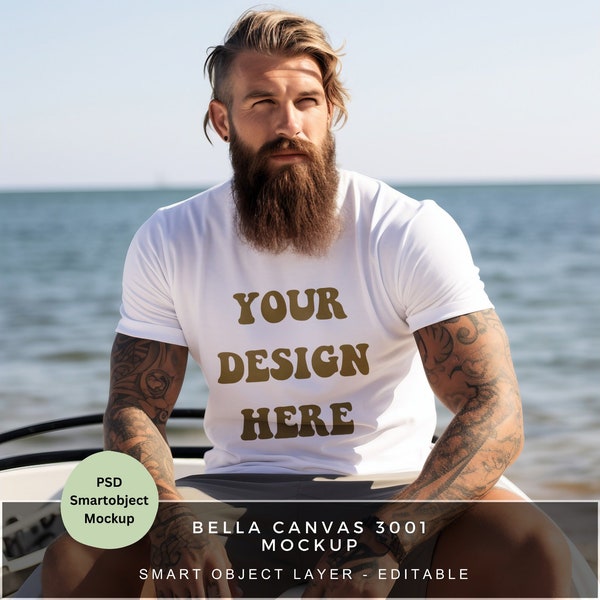 White T Shirt Mockup for Print on Demand / Bella Canvas 3001 / Male T Shirt Mockup / Tshirt Photoshop Mockup / Beard and Tattoos / MK010