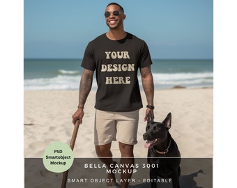 Schwarzes Tshirt Mockup / PSD - Bella Canvas 3001 Mockup / Mann Strand Hund Mockup / Realistisches T Shirt /  PSD T Shirt Mockup / MK021