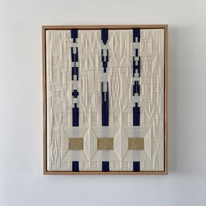 Framed Woven Wall Hanging: Merino Wool, Denim & Gold Thread - Geometric Fiber Art