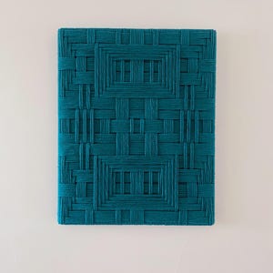 Framed Teal Woven Wall Hanging: Geometric Fiber Art, Modern Tapestry