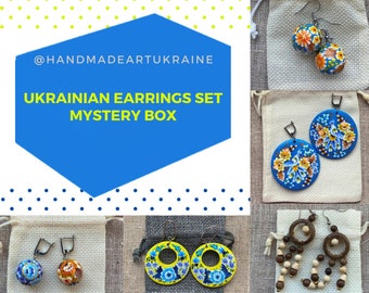 Ukrainian Painted Earrings Mystery Box, Handmade Painted Wooden Jewelry, Unique Authentic Pair of Earrings, Ukrainian Freedom, Surprise Gift