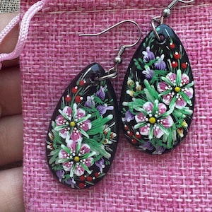 Ukrainian Handpainted Earrings, Drop-Shape Natural Wooden Jewelry, Forget-me-Nots, Handmade Earrings Made in Ukraine Gift for Sister