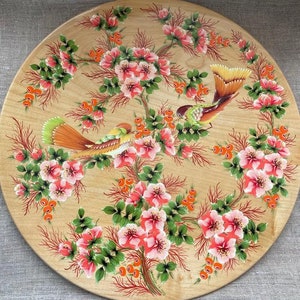 Placa pintada de madeira com flor de maçã ucraniana, feita na Ucrânia, placa de suspensão de parede, flor rosa, placa colecionável presente para casal