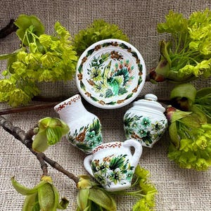 Handpainted Dollhouse Miniature Set of 4: Clay Jug, Pot, Barrel, Plate. Collectible Handmade Tiny Kitchen Miniature, Made in Ukraine