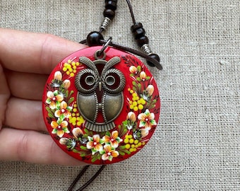 Ukrainian Painted Pendant, Owl in Flowers, Red Wooden Jewelry, Handpainted Necklace, Wooden Jewelry, Sky Blue Necklace,Mother's Day Gift