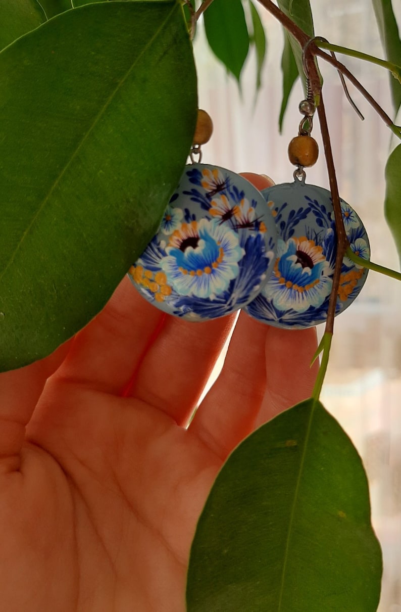 Flower Blue Wooden handmade Round Earrings Doublesided handpainted Petrikivka painting