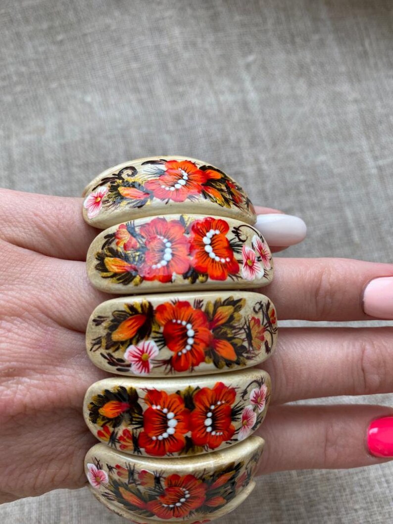 Wooden Bracelet Red Passion Bracelet Wrist Ornament Jewelry Handmade Bangle Bracelet on Elastic Thread Handpainted Petrikivka Birthday Gift