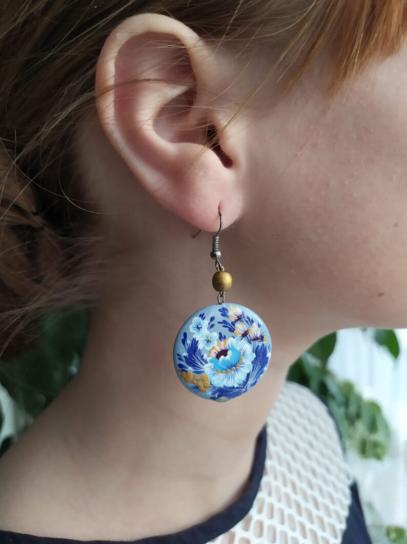 Flower Blue Wooden handmade Round Earrings Doublesided handpainted Petrikivka painting