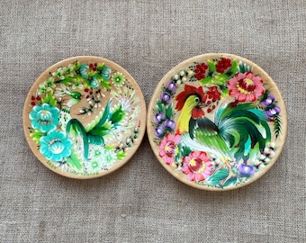 2 Ukrainian Painted Wooden Plates, Magnetic Plates with Rooster and Magic Bird, Wooden Magnets, Handmade Refrigerator Magnet, Petrikivka