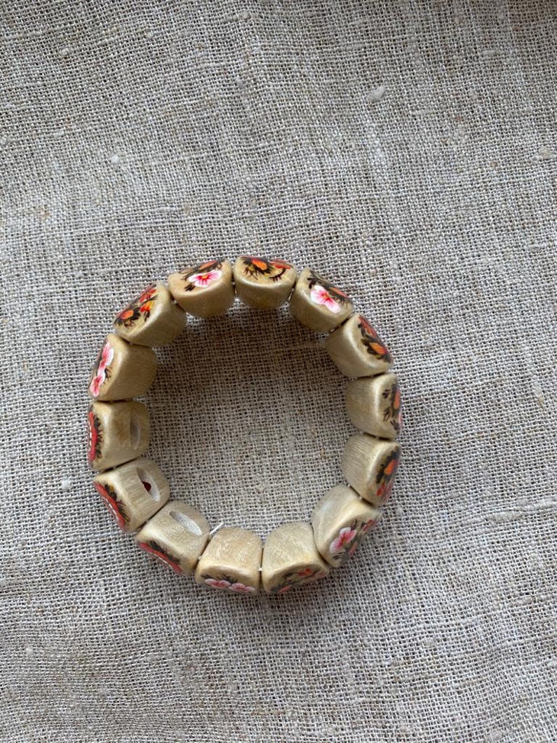 Wooden Bracelet Red Passion Bracelet Wrist Ornament Jewelry Handmade Bangle Bracelet on Elastic Thread Handpainted Petrikivka Birthday Gift