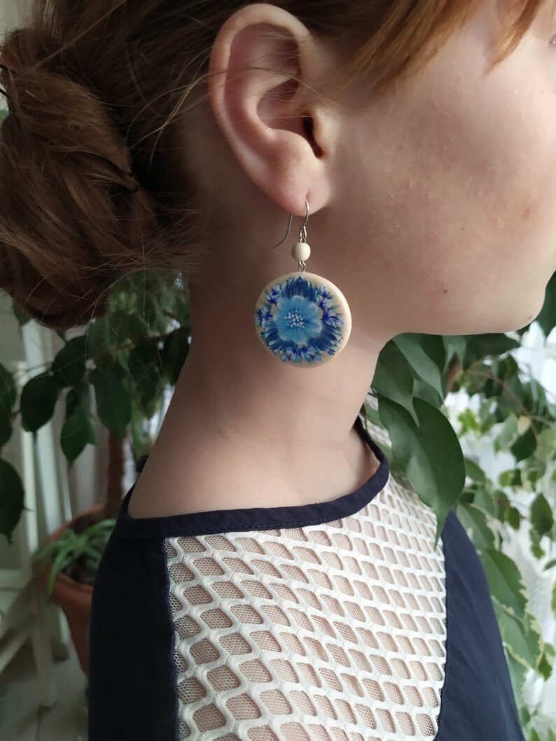Flower Blue Wooden handmade Round Earrings Doublesided handpainted Petrikivka painting