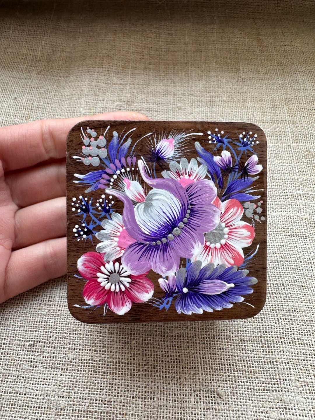 Ukrainian Painted Engagement Rings Box, Purple Flower, Ukrainian Jewelry Box, Wooden Trinket