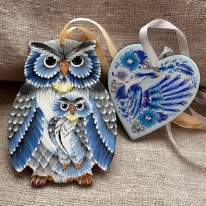 Night Owl Mother & Baby and Heart set of Two, Ukrainian Painted Wooden Ornament, Christmas Tree Decoration, Made in Ukraine Family Souvenir