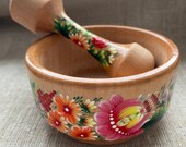 Wooden set of 2 Mortar and Pestle, Red Pink Flower Petrykivka Painted Ukrainian Traditional Kitchen Utensil Natural Wood Food Storage Gift