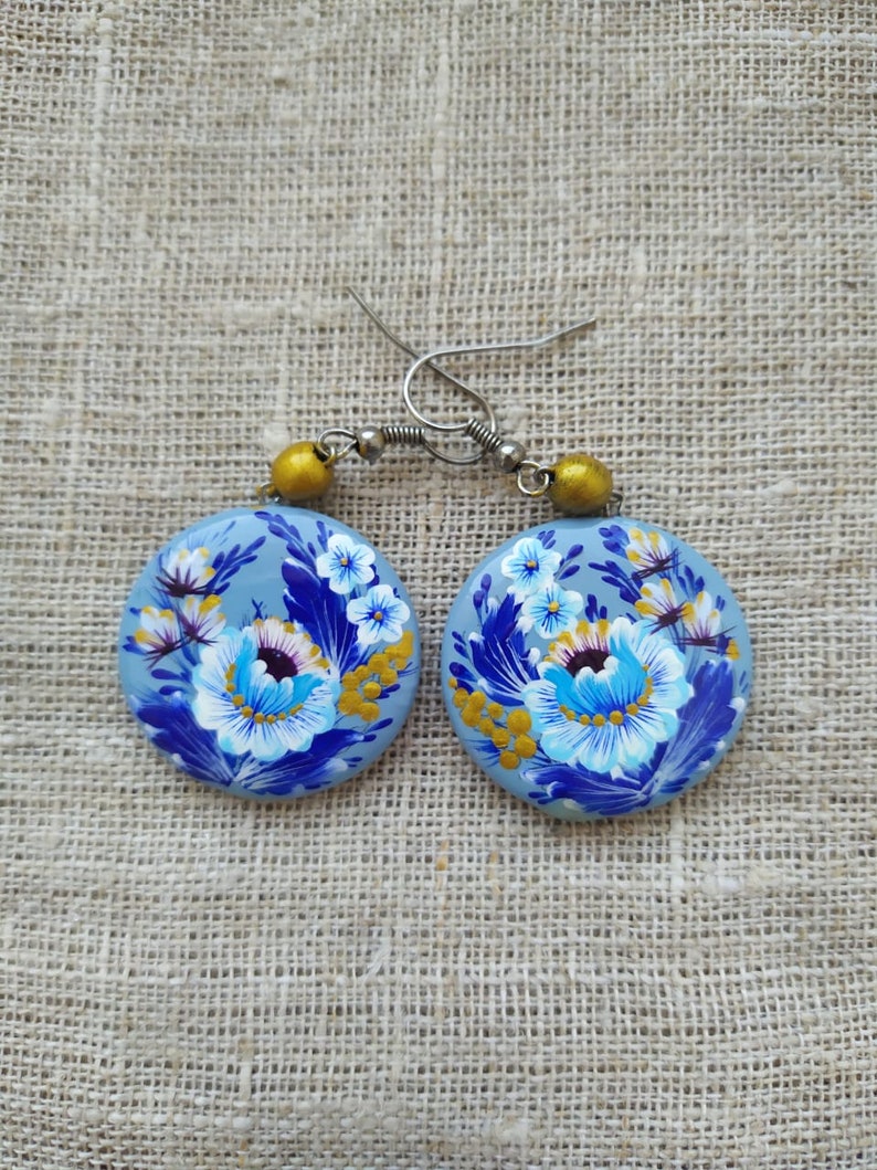 Flower Blue Wooden handmade Round Earrings Doublesided handpainted Petrikivka painting