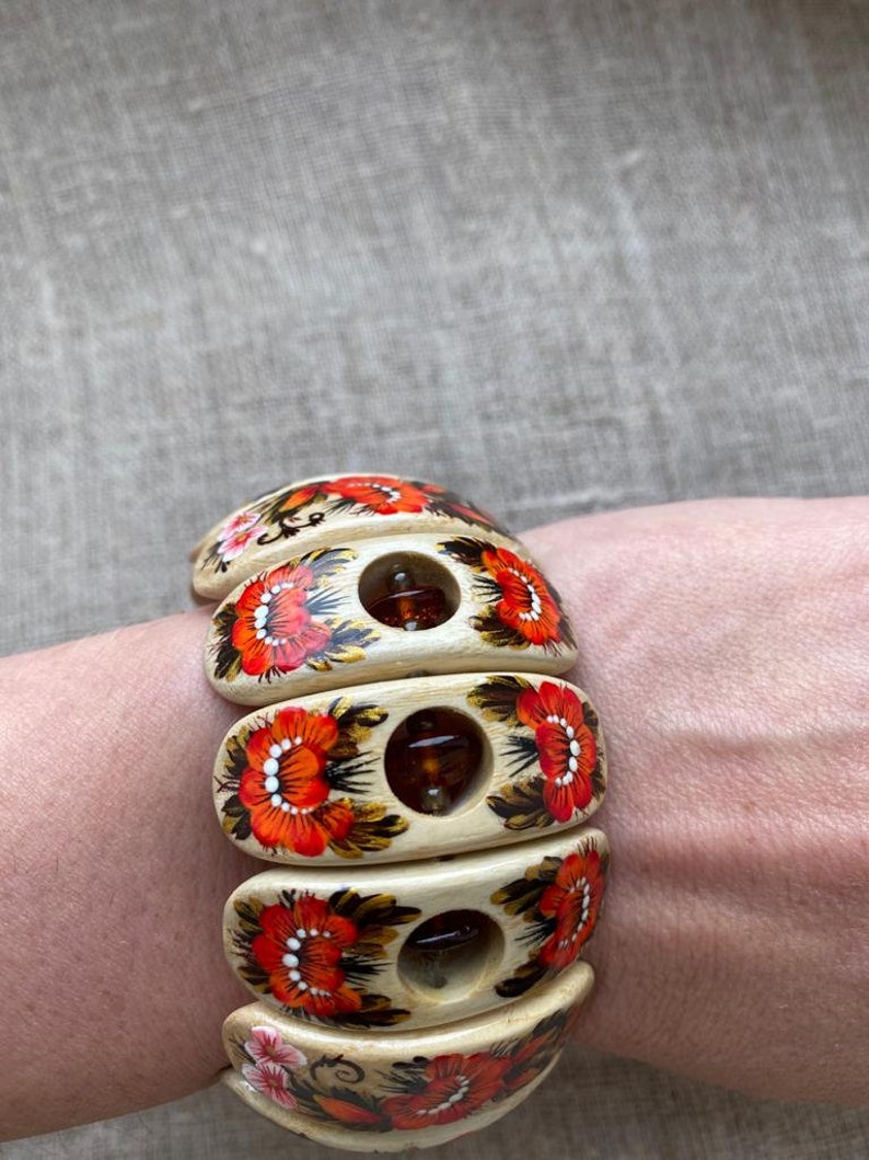 Wooden Bracelet Red Passion Bracelet Wrist Ornament Jewelry Handmade Bangle Bracelet on Elastic Thread Handpainted Petrikivka Birthday Gift