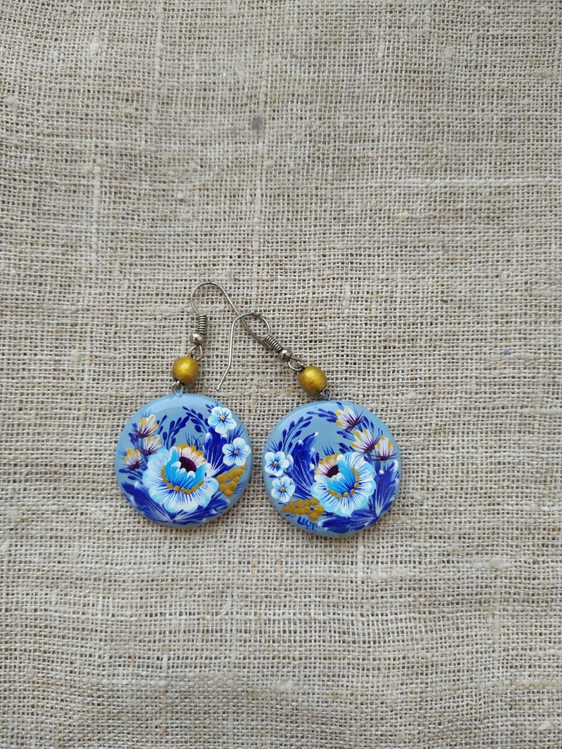 Flower Blue Wooden handmade Round Earrings Doublesided handpainted Petrikivka painting