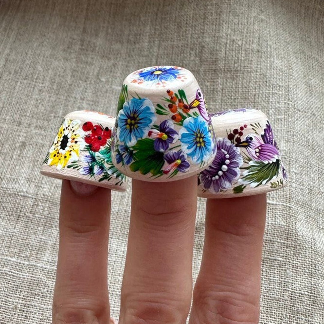 Set of 3 Clay Ornamental Thimbles, Ukrainian Style Painted Seamstress Gift Thimble, Dressmaker