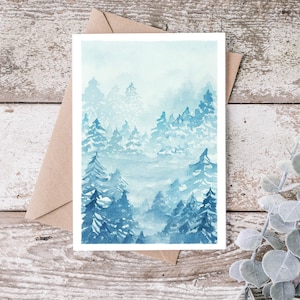 水彩画 冬の松林のクリスマスカード