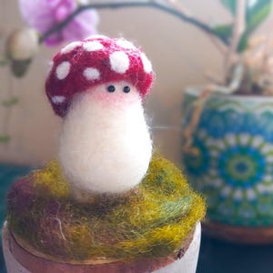 Little Forest Keeper – Needle Felted Mushroom on Wood Slice – Handmade Wool Fungi Sculpture - Made to Order