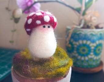Little Forest Keeper – Needle Felted Mushroom on Wood Slice – Handmade Wool Fungi Sculpture - Made to Order