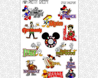 Sticker Sheet Epcot World Showcase Passport Stickers | WDW Trip Souvenir Gift Planner Bullet Junk Journal Scrapbook Pretty Sheepy