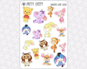 Hoja de pegatinas de madera de los cien acres / Winnie the Pooh, Piglet, Tigger, Eeyore, regalo, recuerdos de fiesta, planificador, diario de balas, álbum de recortes