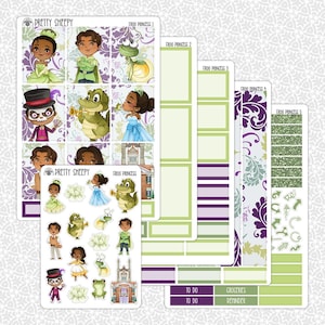 May include: A set of printable planner stickers featuring characters from the Disney movie The Princess and the Frog. The stickers include Tiana, Naveen, Louis, and Ray. The stickers are designed in a whimsical style with a green, purple, and white color scheme. The stickers are perfect for adding a touch of Disney magic to your planner.