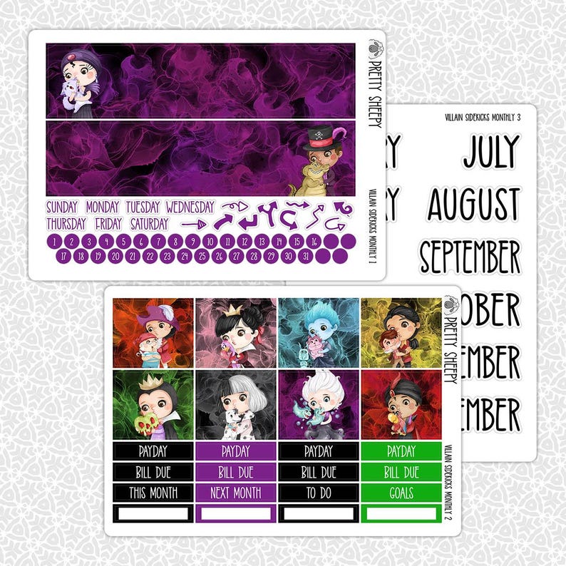 Pegatinas de planificador mensual Villain Sidekicks / Villanos Kit mensual para planificadores Erin Condren ¡Elige cualquier mes! All 3 Sheets