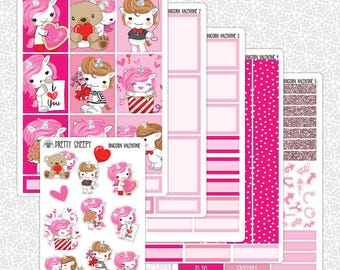 Planner Stickers Unicorn Valentine | Pink Weekly Planner Kit Functional Stickers Decorative Stickers