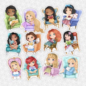 May include: A collection of twelve die-cut stickers featuring chibi-style characters sitting in various colored armchairs, each reading a book. The characters have distinct hair colors and outfits, and the chairs range from green to blue, purple, and orange.