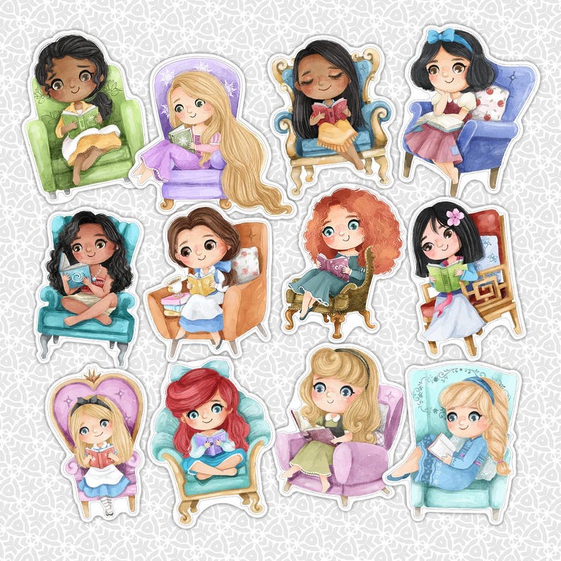 May include: A collection of twelve die-cut stickers featuring chibi-style characters sitting in various colored armchairs, each reading a book. The characters have distinct hair colors and outfits, and the chairs range from green to blue, purple, and orange.