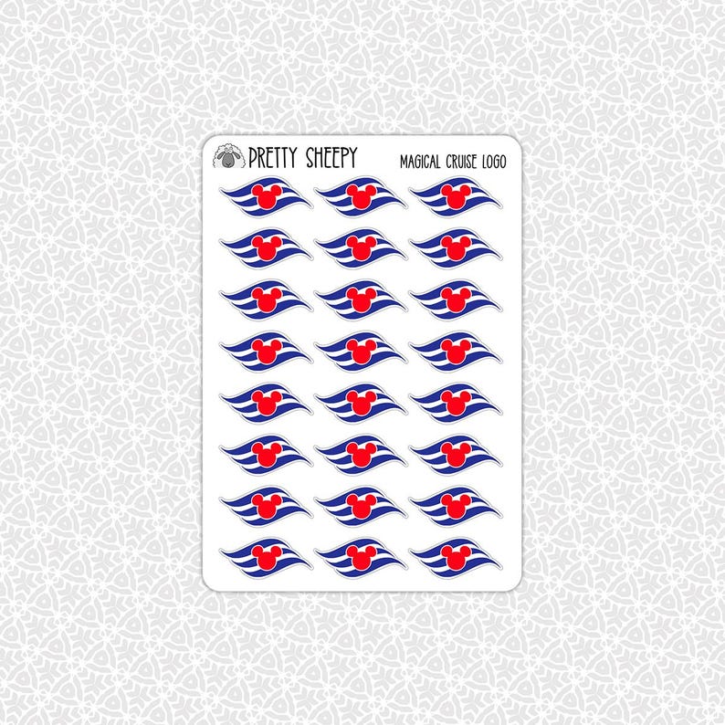 May include: A sheet of stickers featuring a repeating pattern of a red Mickey Mouse head on a blue and white stylized flag design. The stickers are on a white background with the text "Pretty Sheepy" and "Magical Cruise Logo".